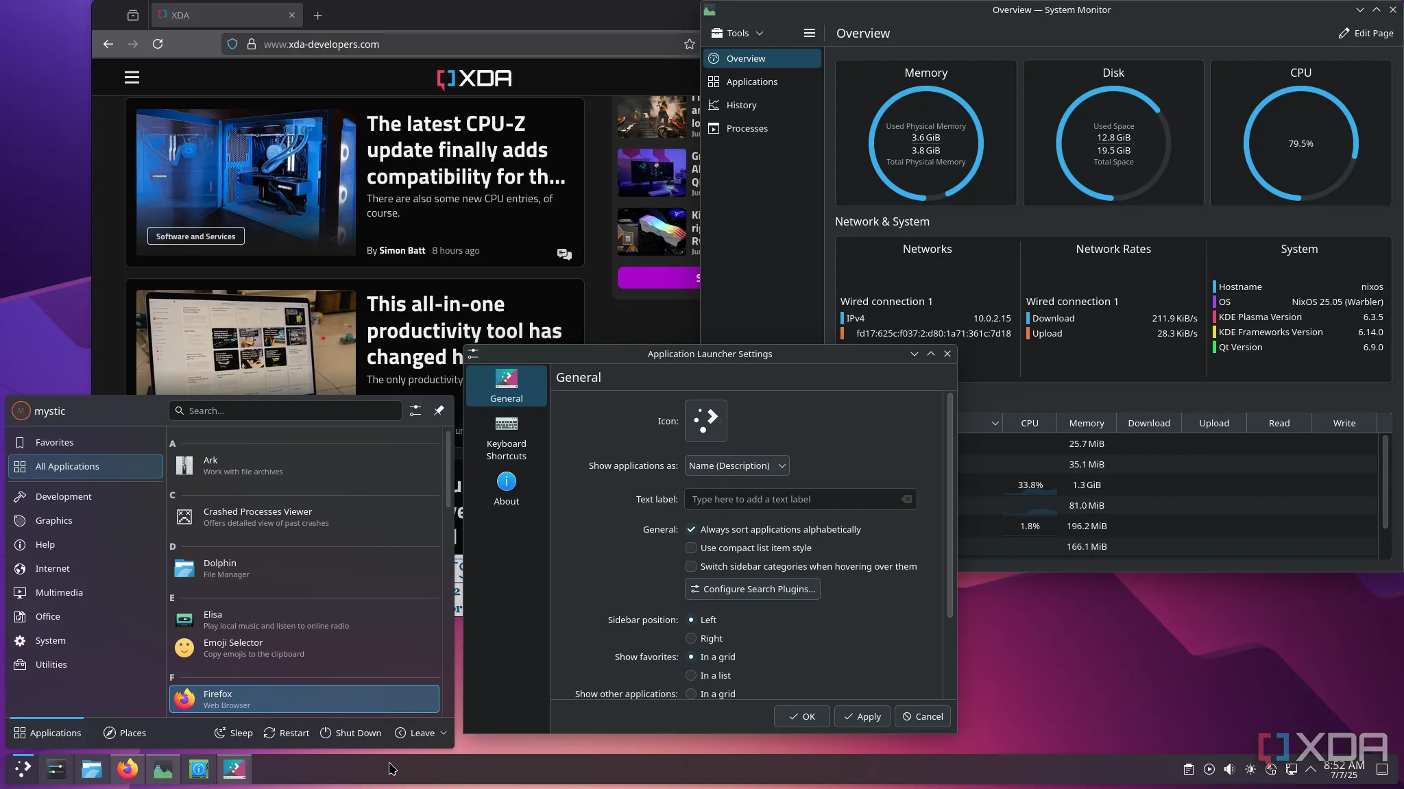 Trình khởi chạy ứng dụng hiển thị kho phần mềm phong phú của NixOS trên KDE Plasma