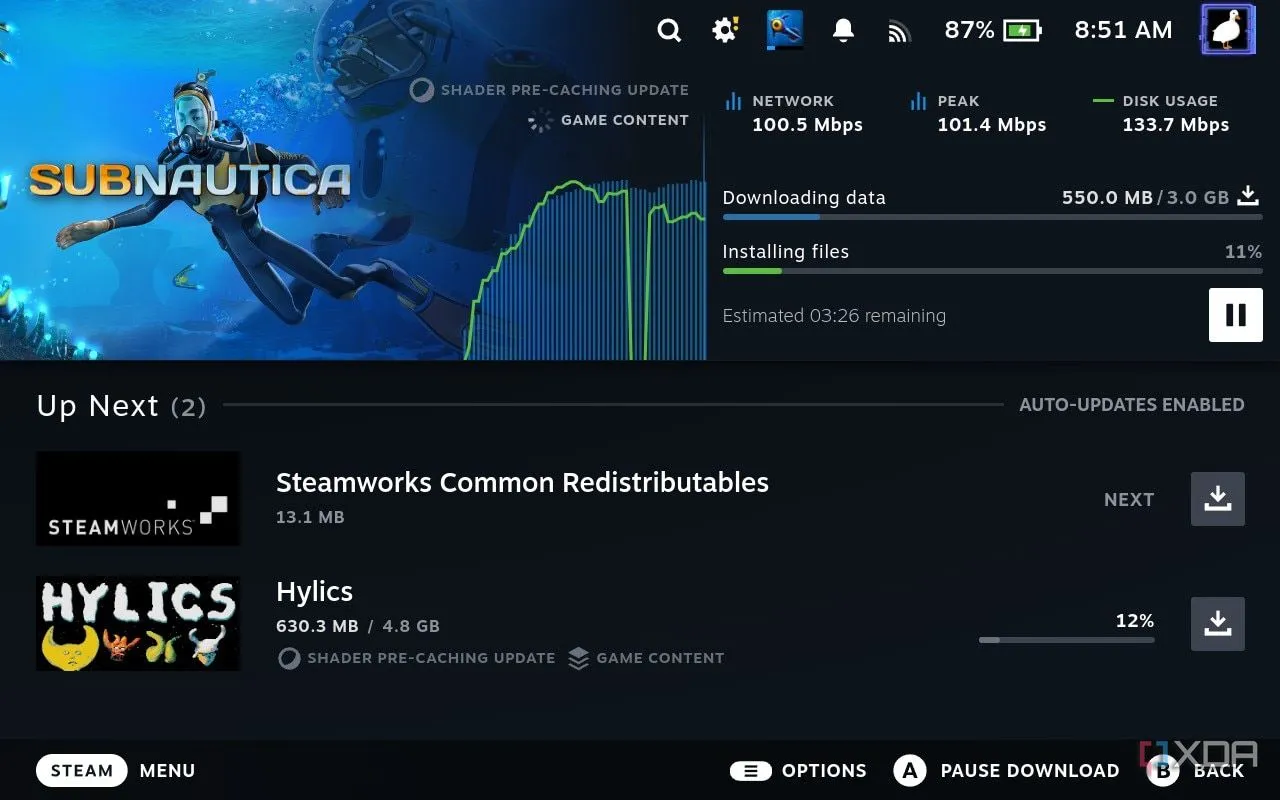 Trình tải xuống và lưu trữ trước shader Vulkan cho game Subnautica trên SteamOS, minh họa tối ưu gaming.