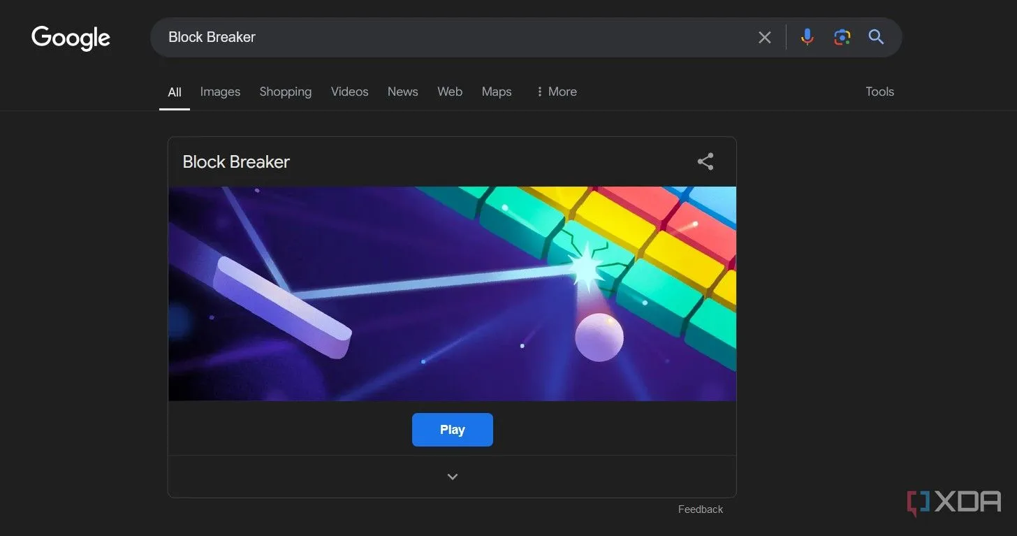 Trò chơi Block Breaker của Google hiển thị trong kết quả tìm kiếm