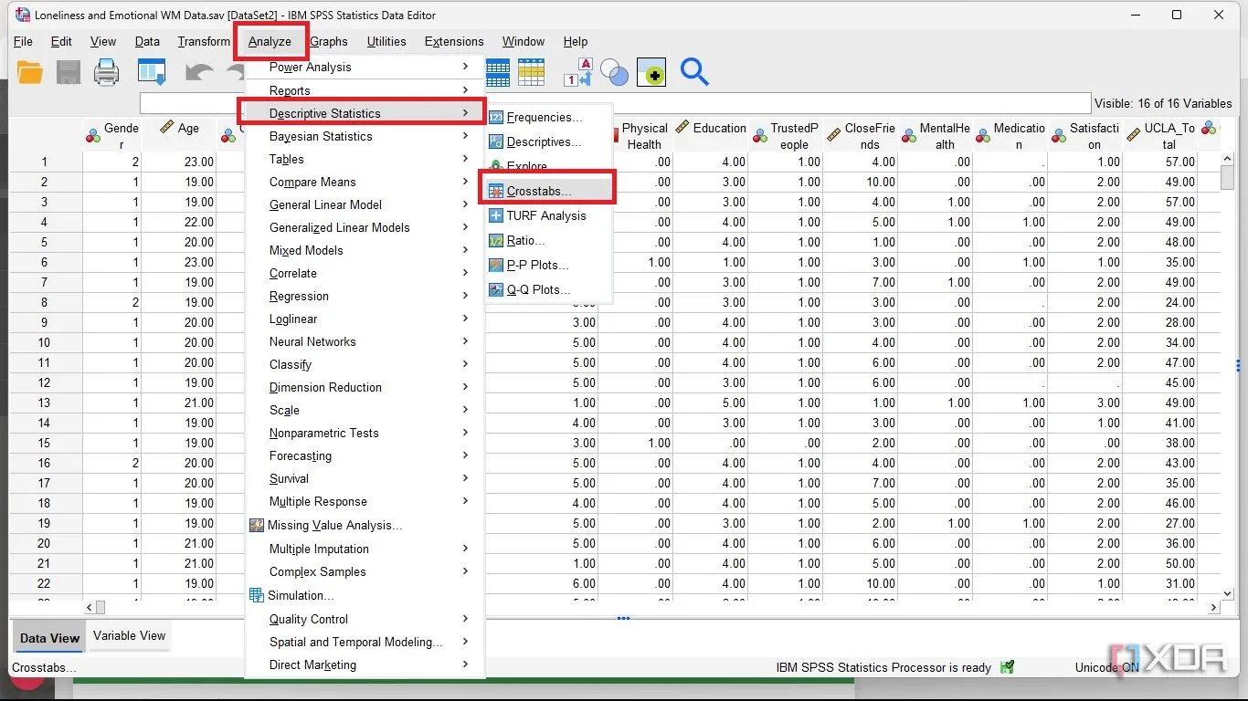 Truy cập Descriptive Statistics và chọn Crosstabs để thực hiện kiểm định Chi-square trong SPSS