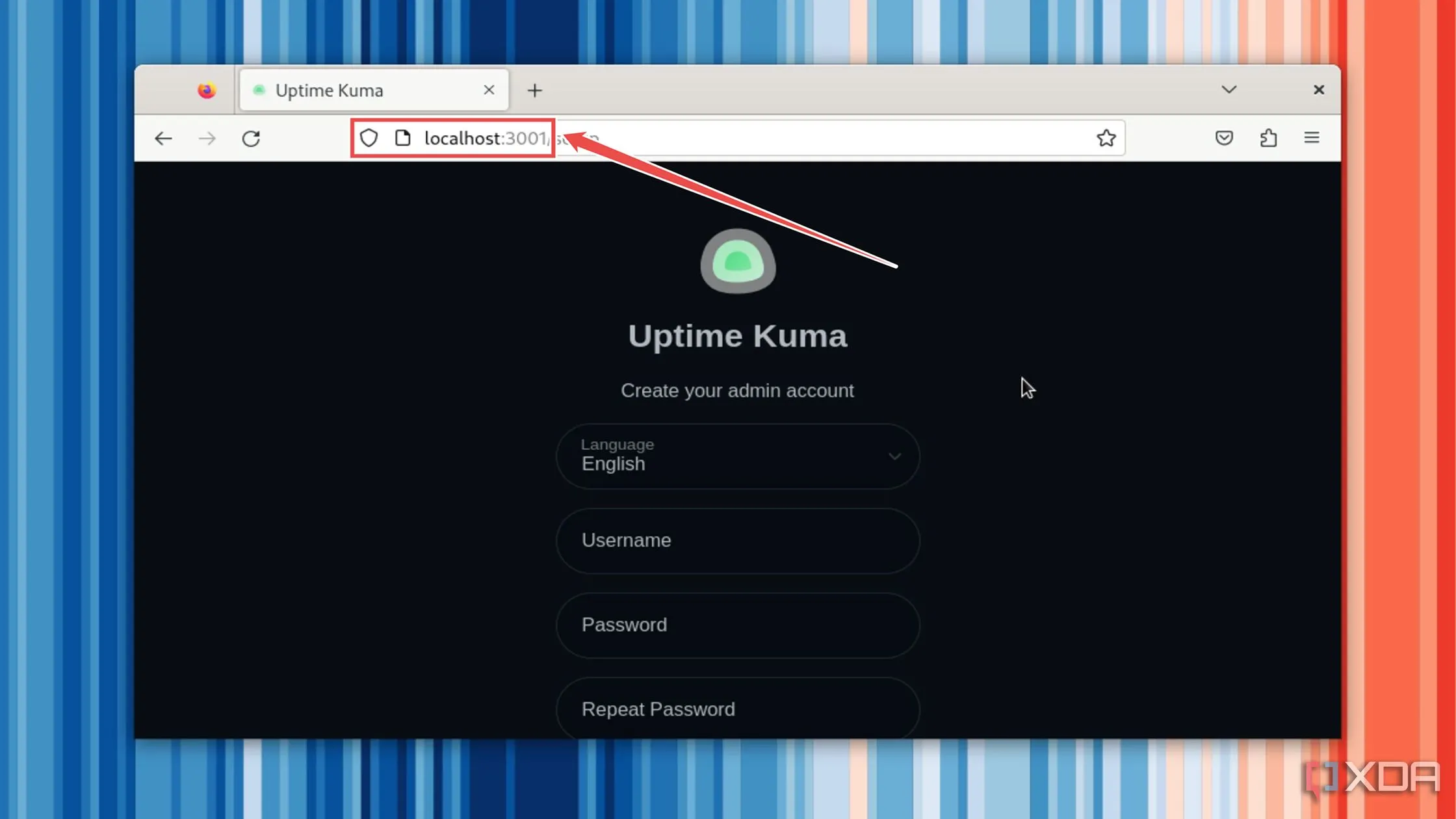 Truy cập giao diện web Uptime Kuma thông qua trình duyệt sau khi cài đặt thành công