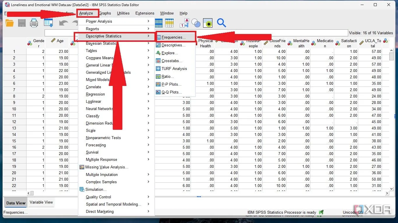 Truy cập menu Analyze, chọn Descriptive Statistics và sau đó là Frequencies trong SPSS