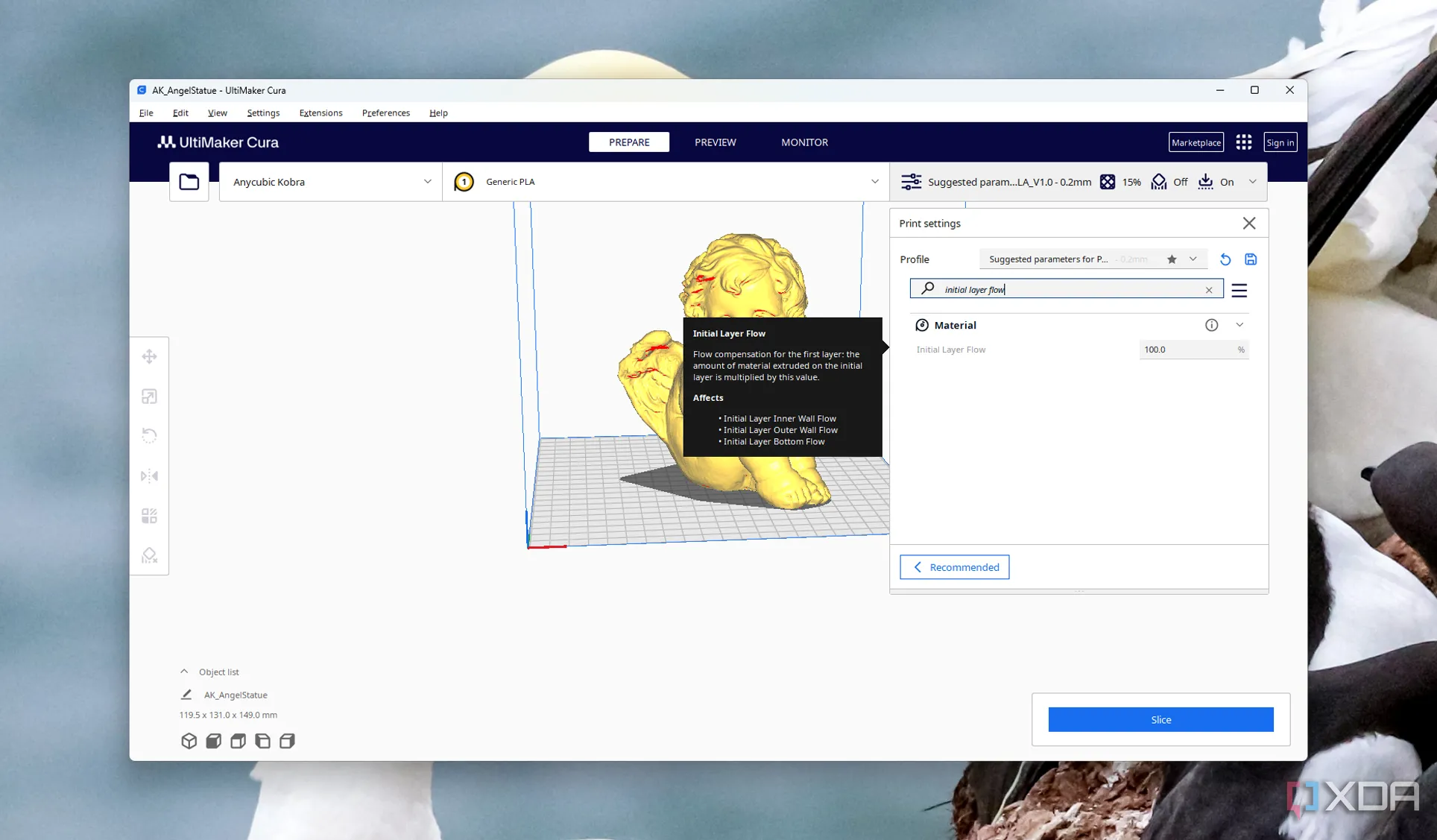 Tùy chỉnh thông số Initial layer flow (lưu lượng lớp đầu tiên) trong cài đặt của Cura