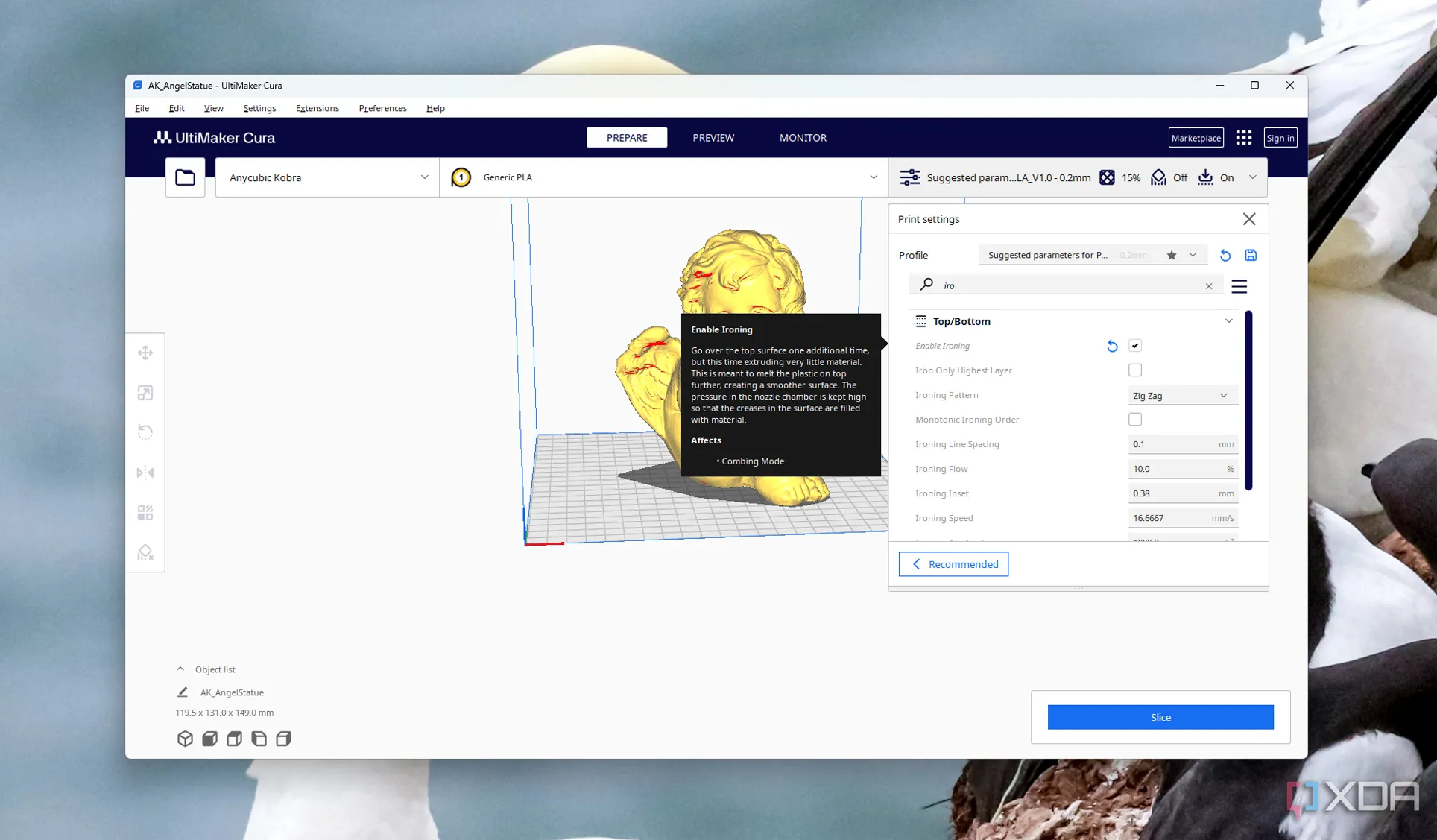 Tùy chọn bật chế độ Ironing (ủi bề mặt) trong giao diện cài đặt của phần mềm Cura