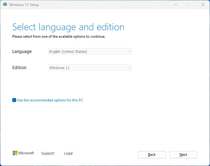 Tùy chọn chọn ngôn ngữ và phiên bản Windows 11 trong Media Creation Tool