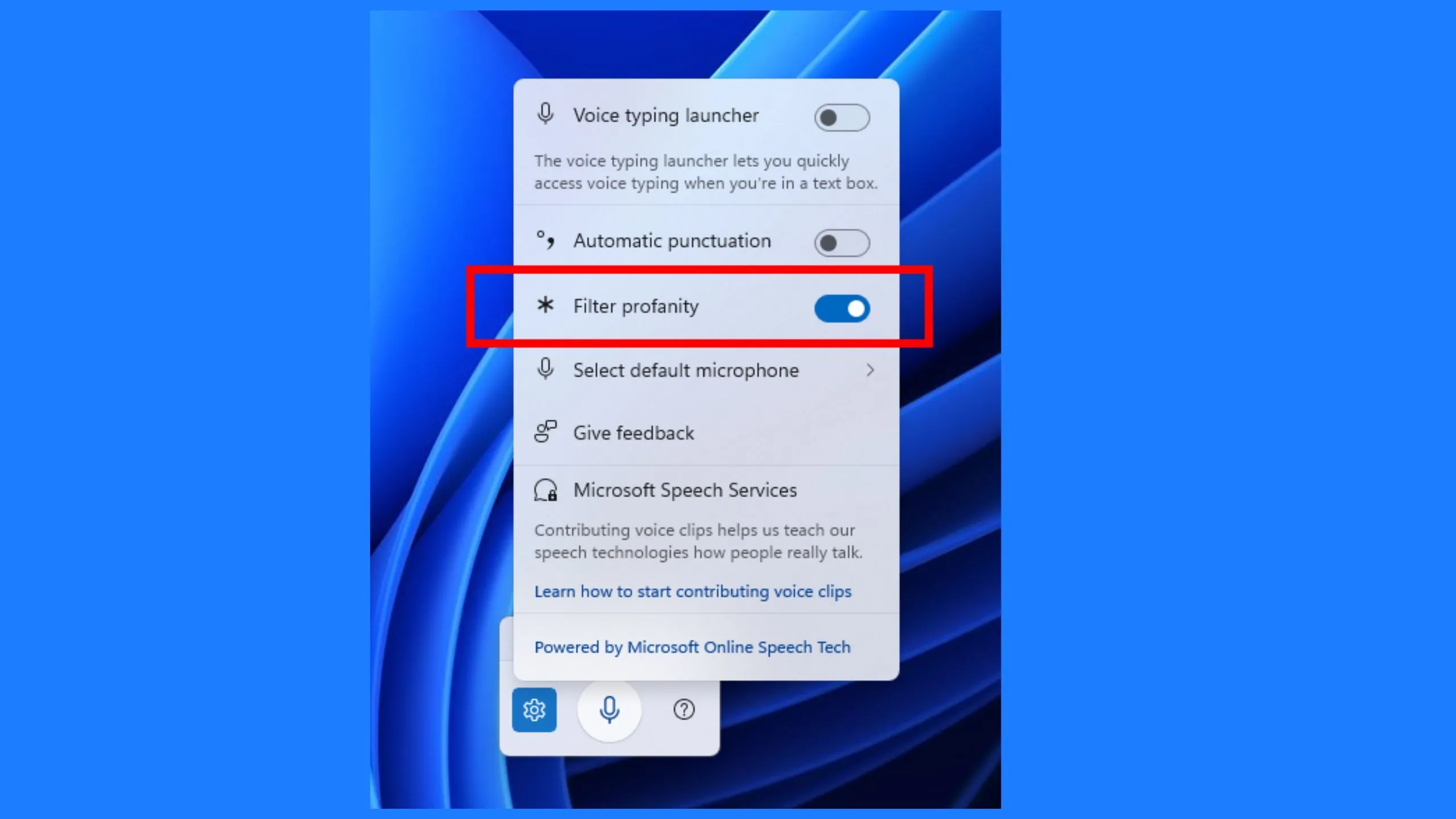 Tùy chọn &quot;Filter profanity&quot; trong cài đặt gõ giọng nói của Windows 11