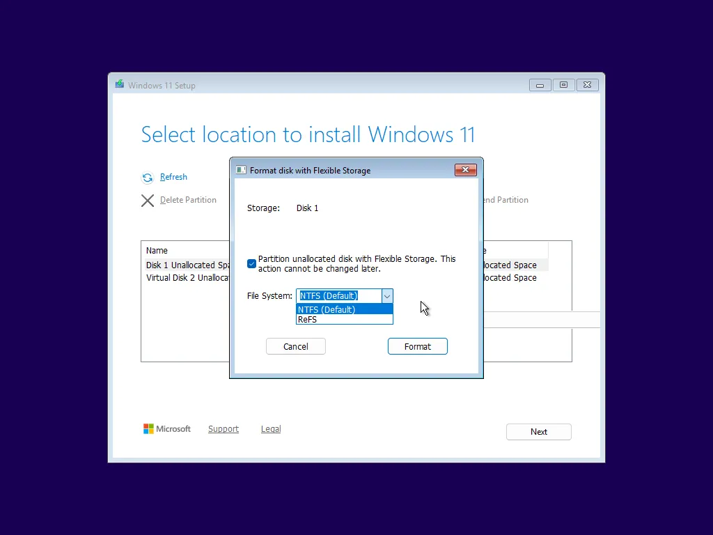 Tùy chọn Flexible Storage với định dạng ReFS trong quá trình cài đặt Windows 11