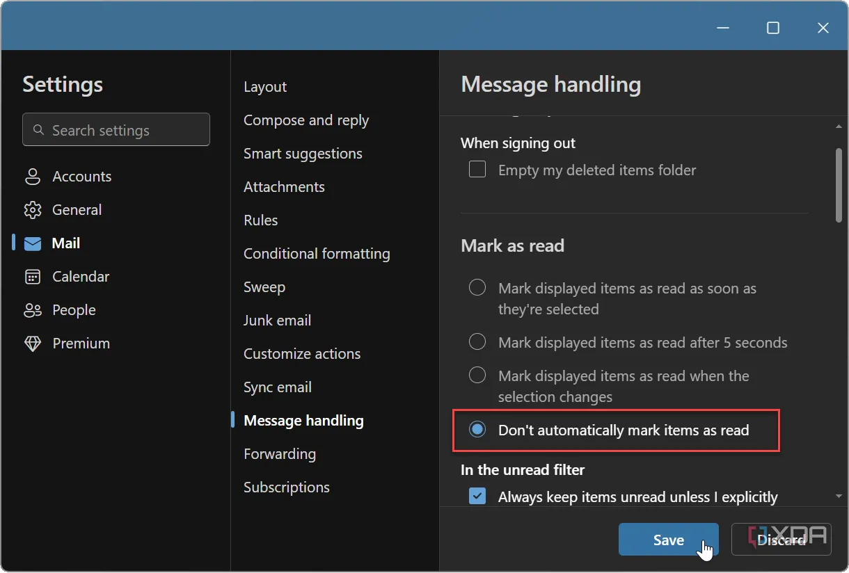 Tùy chọn không tự động đánh dấu đã đọc email trong cài đặt Outlook mới