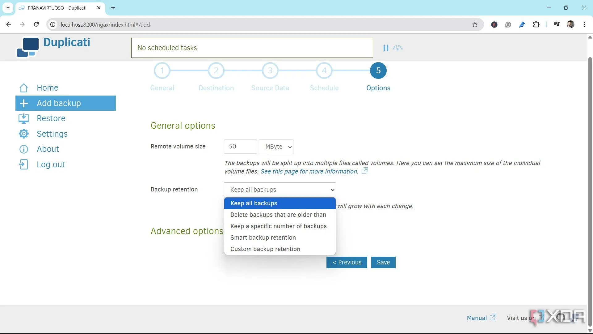 Tùy chọn sao lưu Duplicati