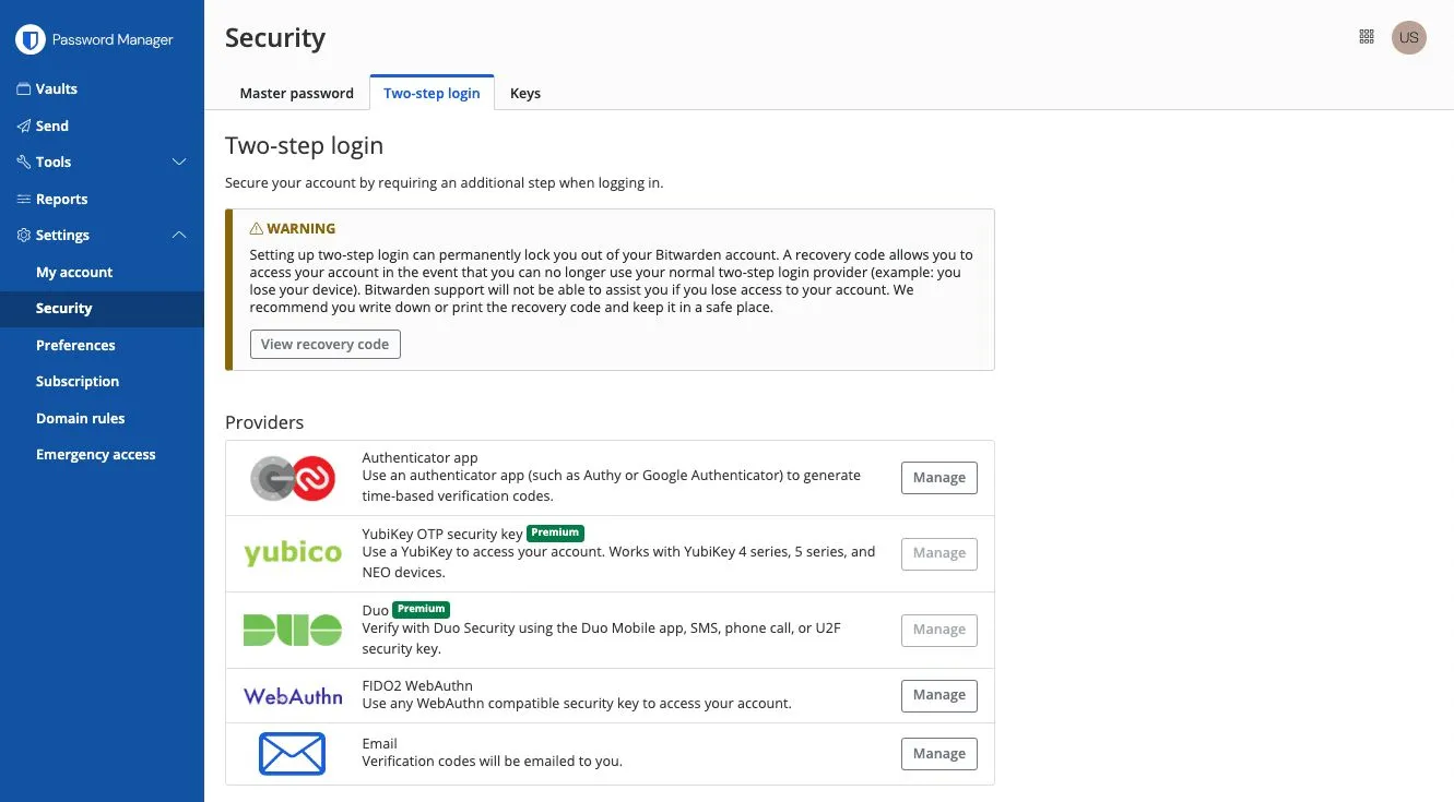 Tùy chọn thiết lập xác thực đa yếu tố (MFA) trong cài đặt bảo mật của Bitwarden