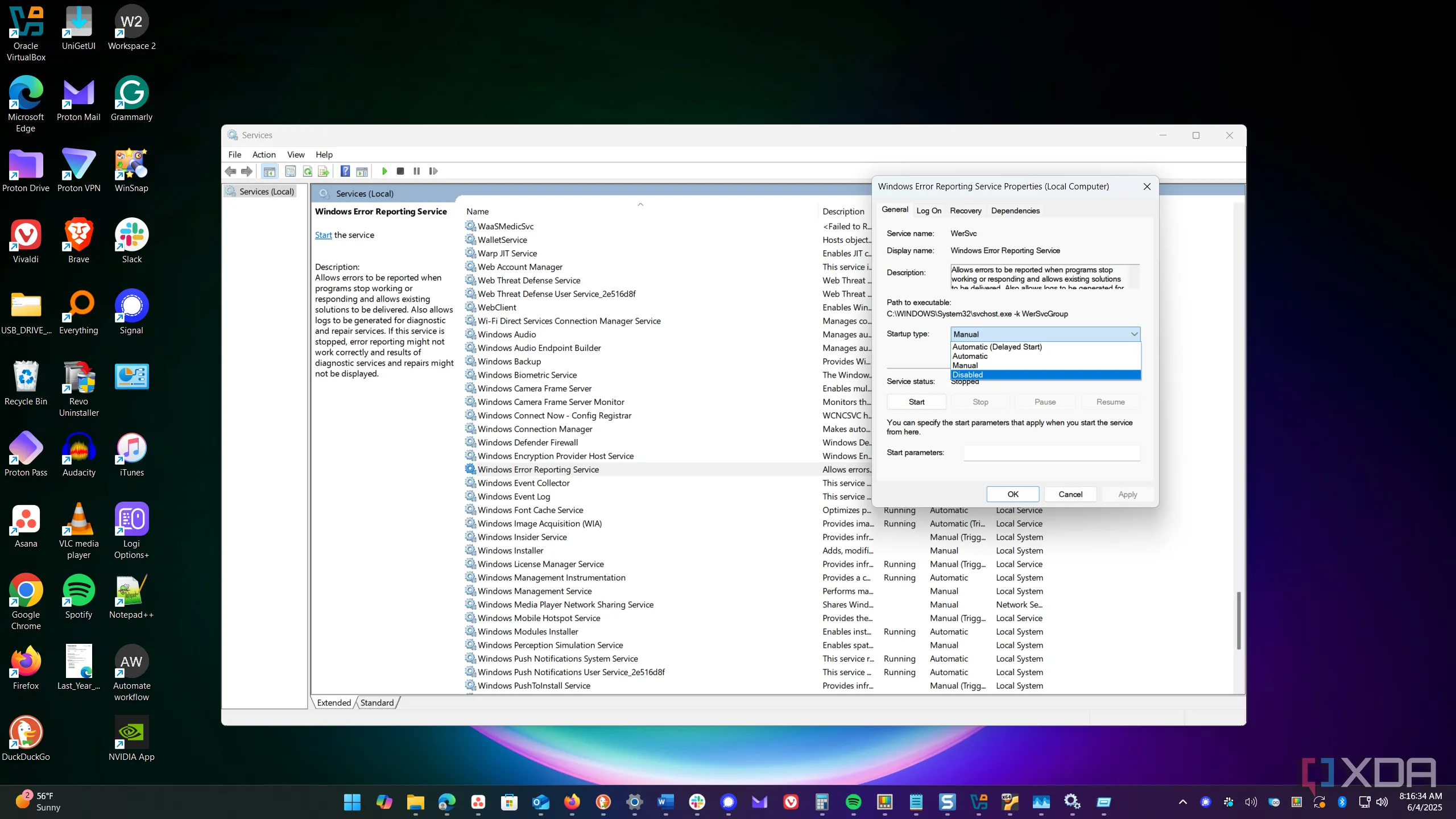 Tùy chọn vô hiệu hóa dịch vụ Windows Error Reporting (Báo cáo lỗi Windows) trong cửa sổ Properties