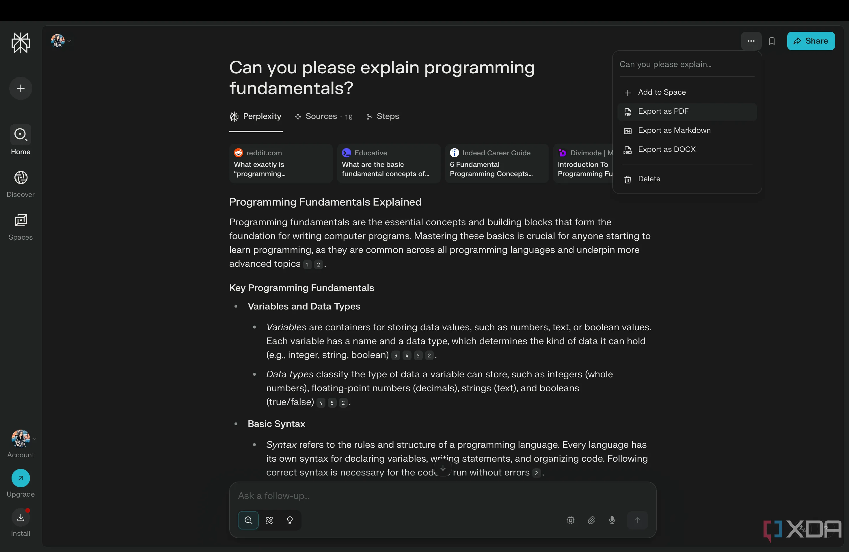 Tùy chọn xuất file PDF, Markdown, DOCX từ cuộc trò chuyện Perplexity AI