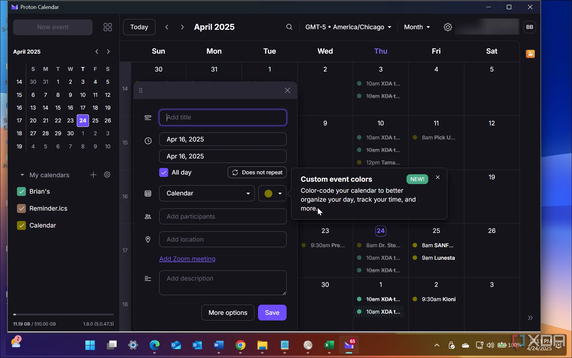 Ứng dụng Proton Calendar hoạt động trên hệ điều hành Windows, thể hiện giao diện người dùng đơn giản và bảo mật.