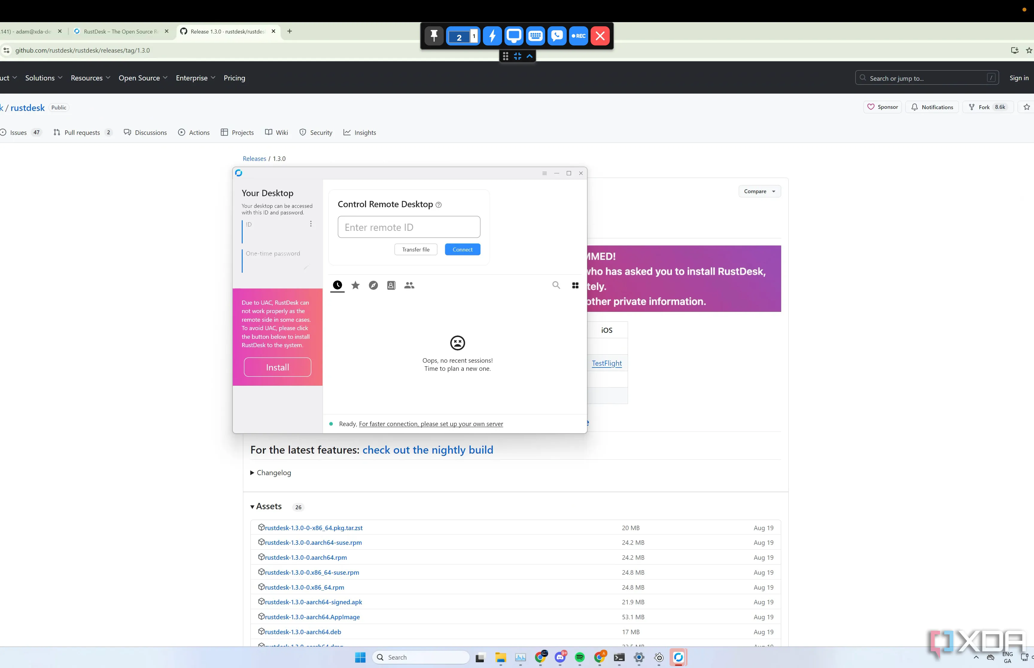 Ứng dụng RustDesk đang hoạt động trên hệ điều hành Windows, minh chứng tính năng truy cập từ xa