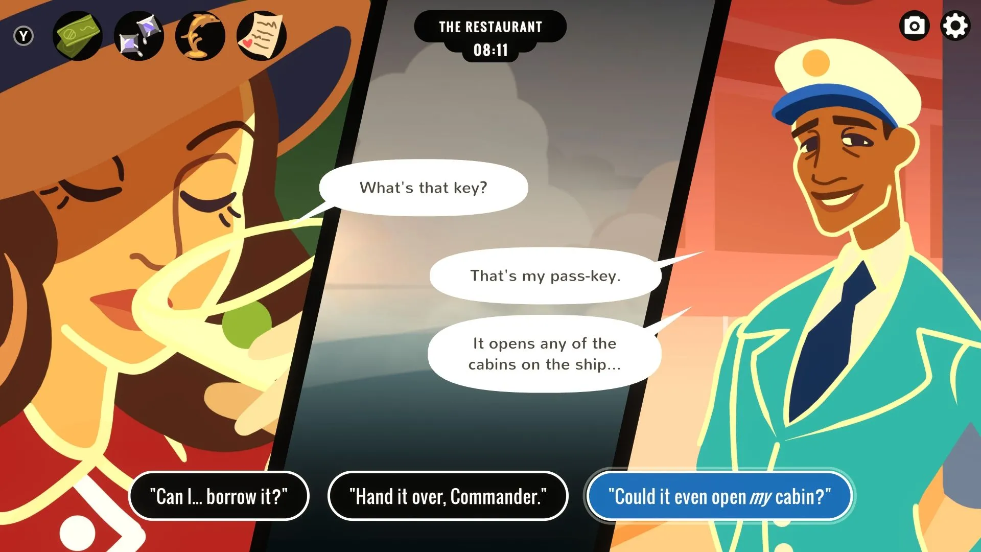 Veronica Villensey đang trò chuyện với Commander Anders trong game Overboard, một tựa game giải đố suy luận về vụ án giết người.
