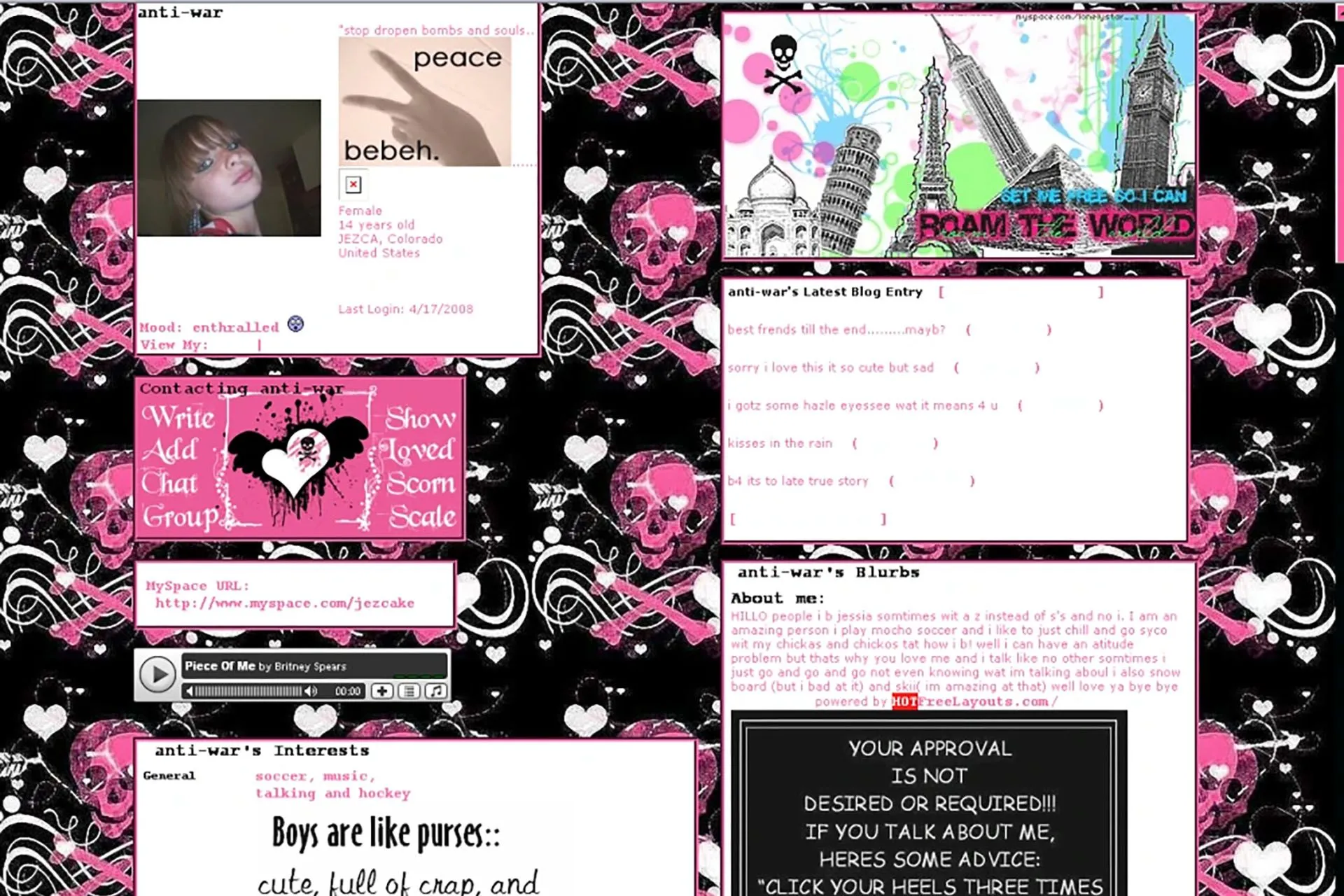 Ví dụ hồ sơ MySpace trước khi tái thiết kế, cho phép tùy chỉnh cao với mã nguồn, nhạc nền và sở thích cá nhân.