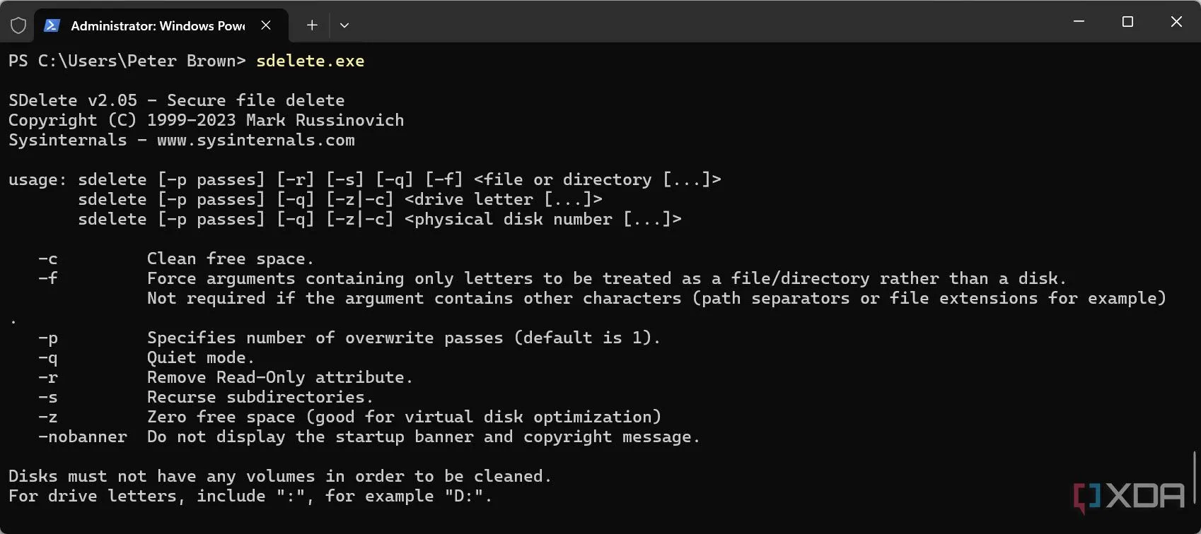 Ví dụ sử dụng lệnh SDelete để xóa file an toàn trong cửa sổ Command Prompt.