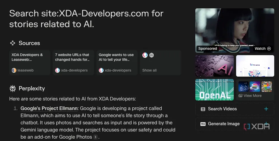 Ví dụ sử dụng toán tử tìm kiếm nâng cao site: để lọc kết quả trên Perplexity AI
