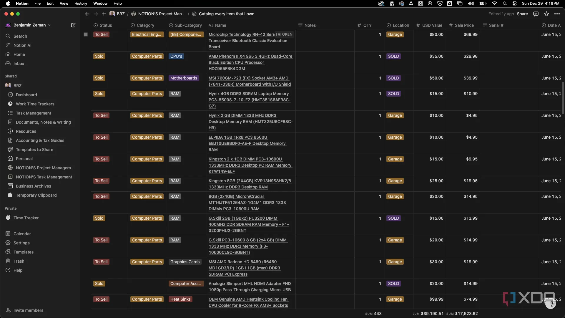 Ví dụ về cơ sở dữ liệu Notion quản lý hàng tồn kho, minh họa dữ liệu được tổ chức và phân loại rõ ràng