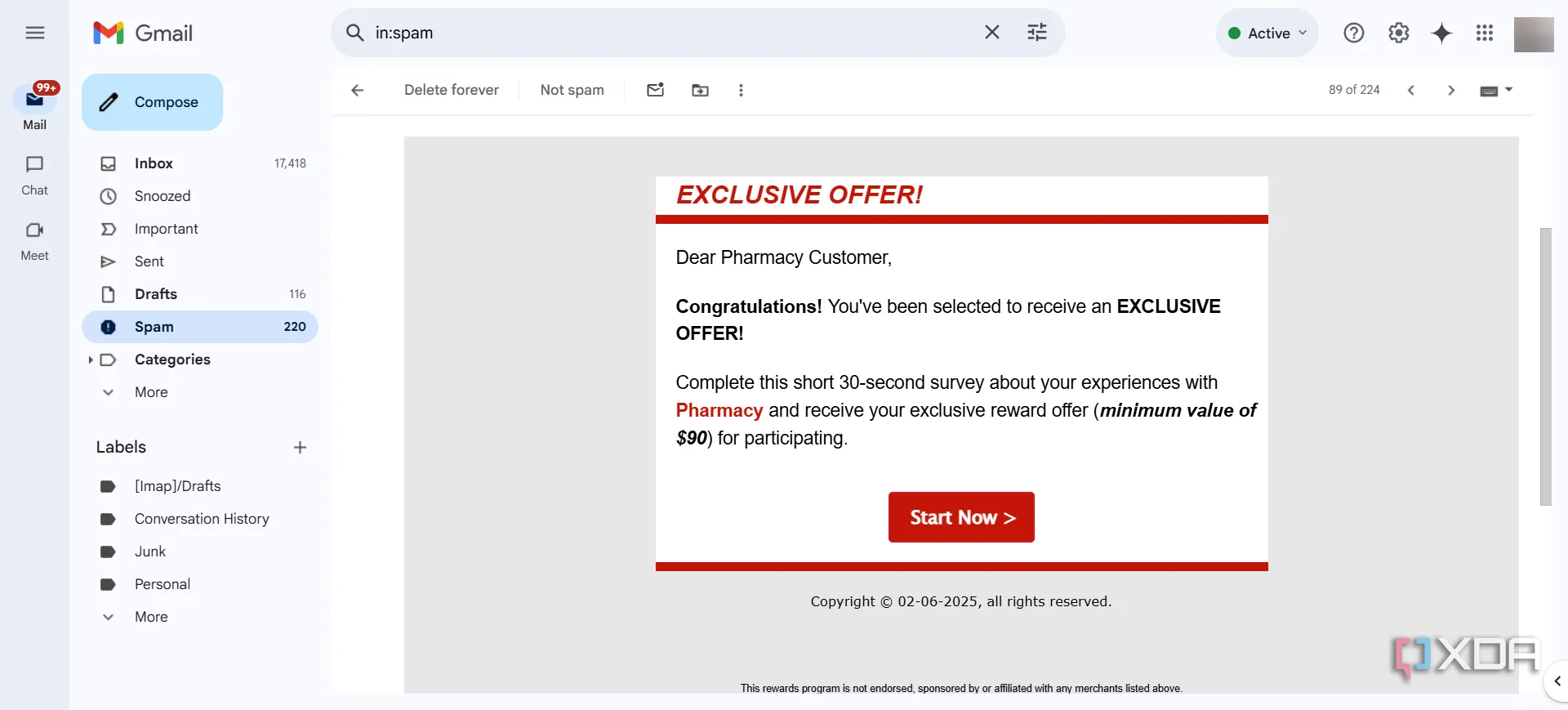 Ví dụ về email spam quảng cáo thuốc với mục đích lừa đảo phishing