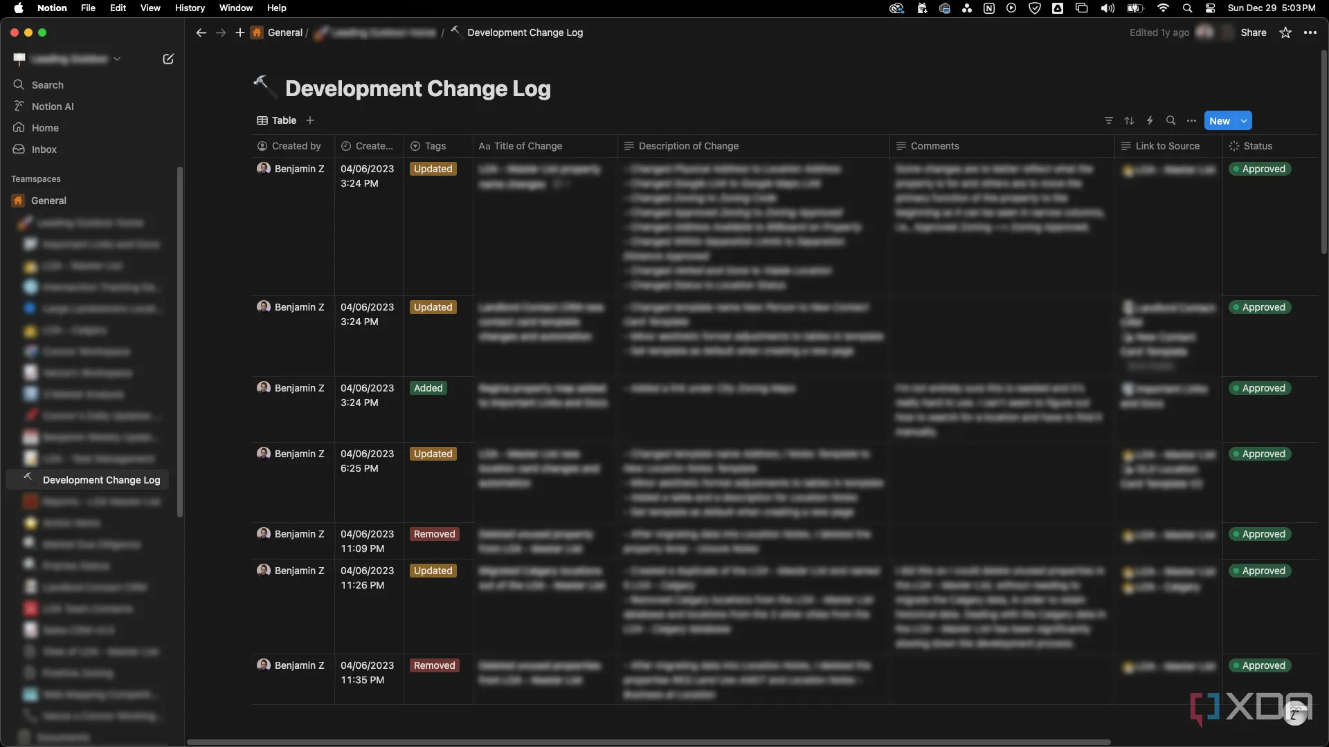 Ví dụ về nhật ký thay đổi phát triển hệ thống Notion, ghi lại các bản cập nhật và lý do sửa đổi