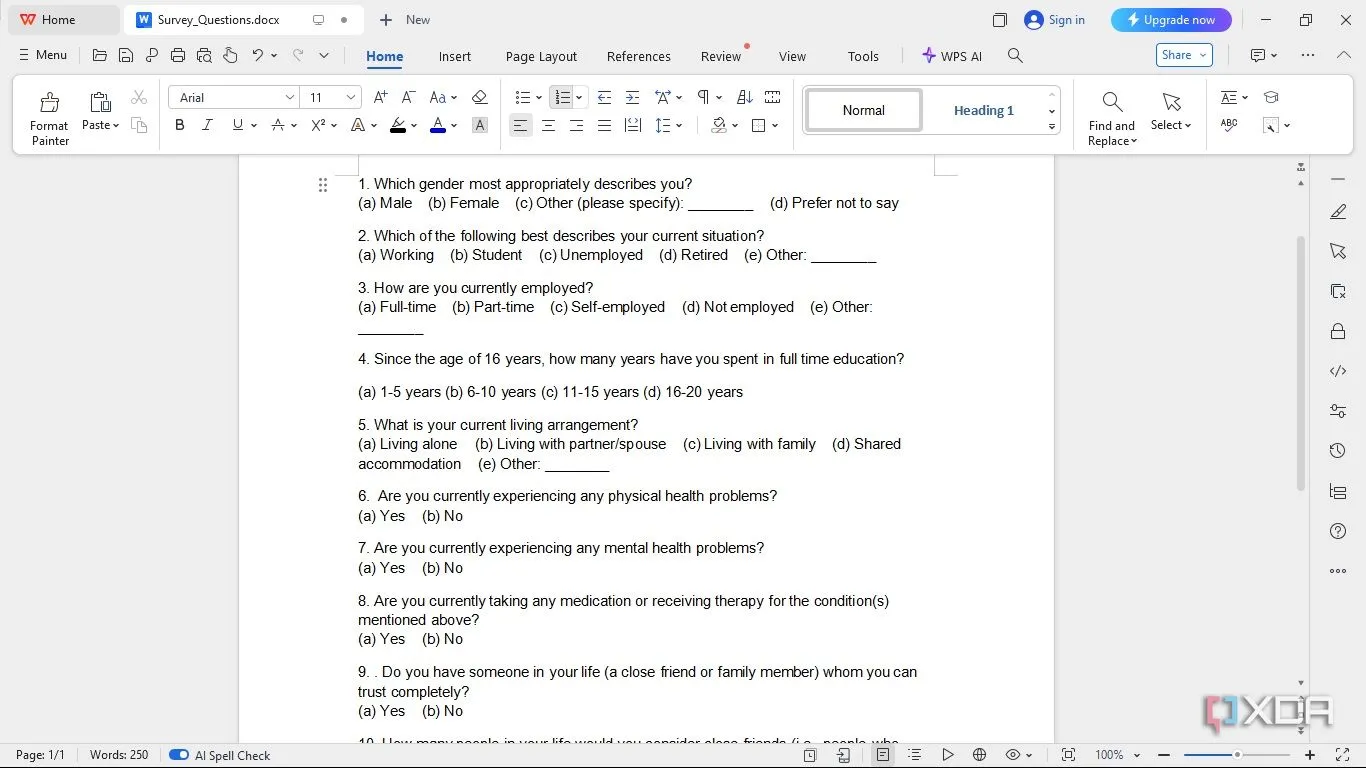 Ví dụ về phiếu khảo sát với các câu hỏi để phân tích bằng SPSS