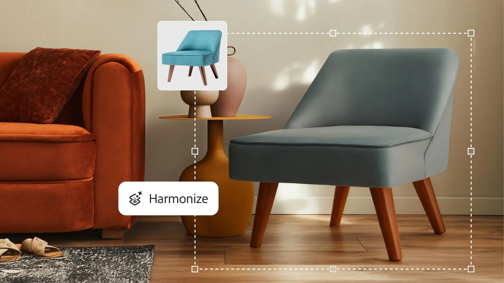 Ví dụ về tính năng Harmonize của Photoshop, hòa trộn chủ thể vào phông nền mới một cách liền mạch với ánh sáng và màu sắc được điều chỉnh tự động