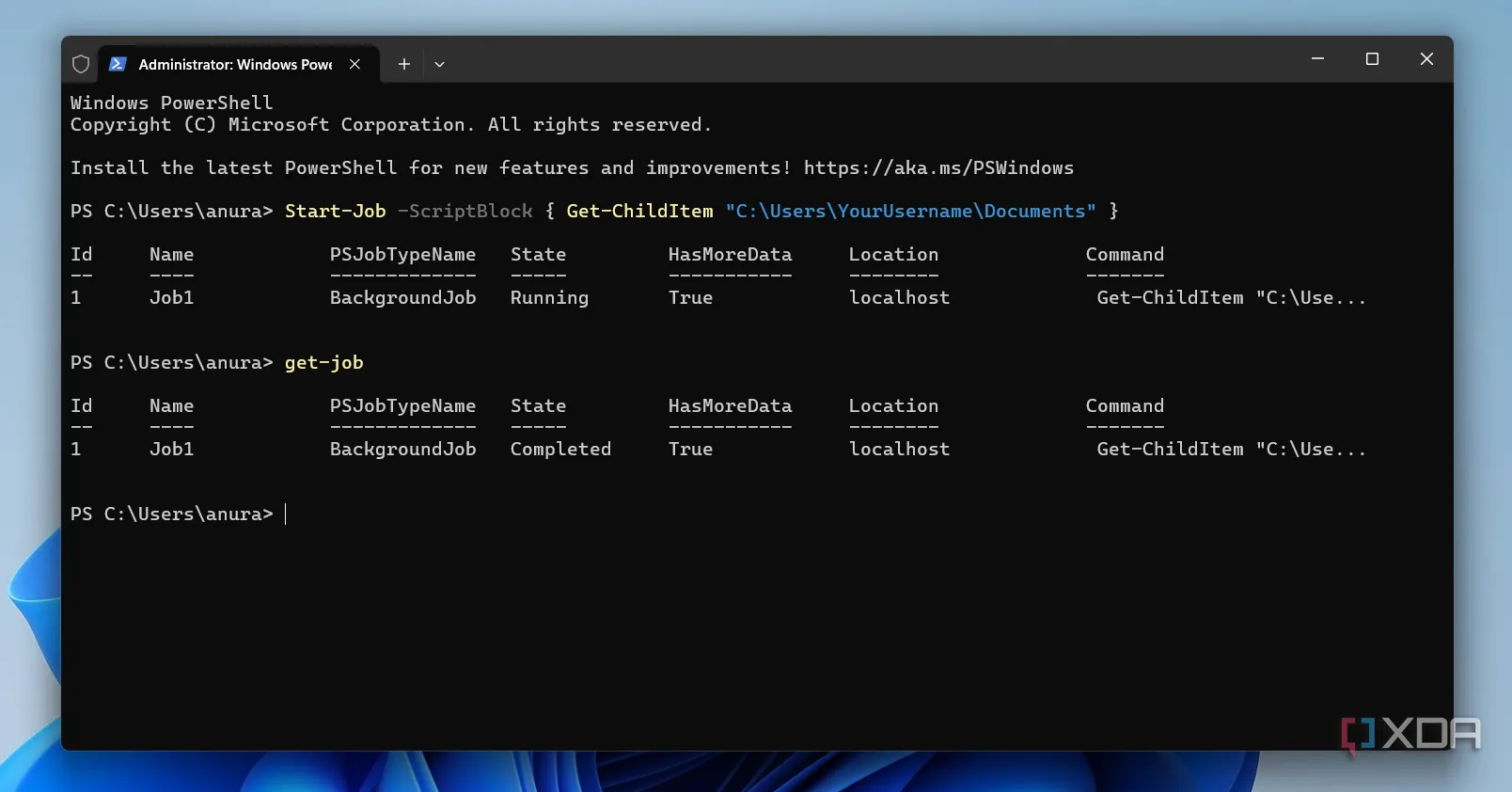 Ví dụ về việc chạy tác vụ nền trong PowerShell trên hệ điều hành Windows