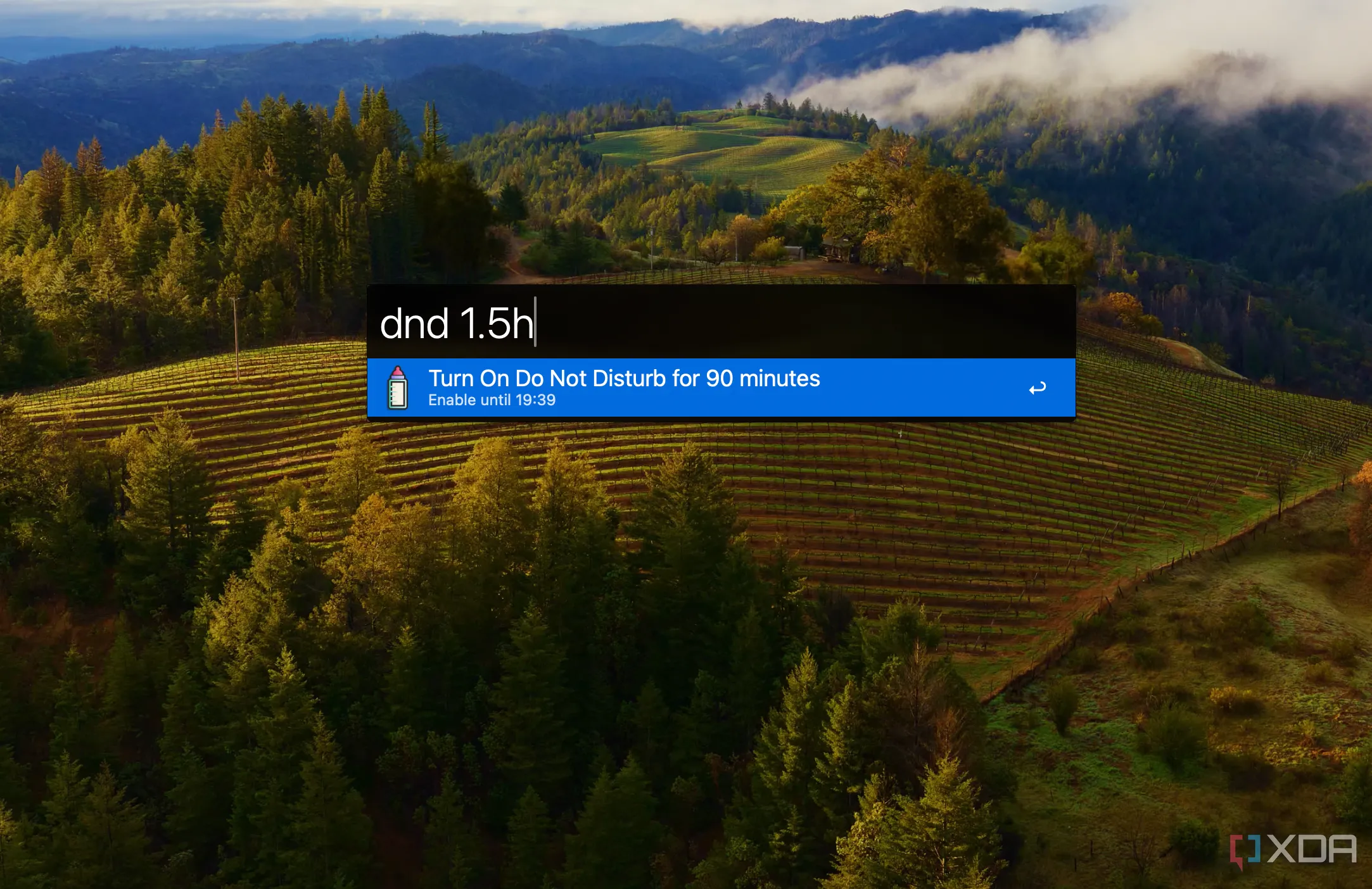 Ví dụ workflow Alfred kích hoạt chế độ Không làm phiền (Do Not Disturb) trong 1.5 giờ