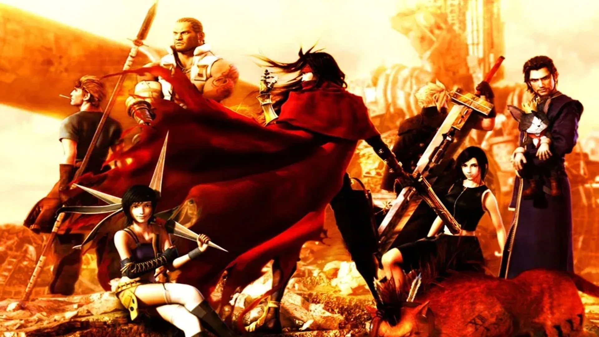 Vincent Valentine và các nhân vật đồng hành trong phân cảnh game Dirge of Cerberus: Final Fantasy VII.