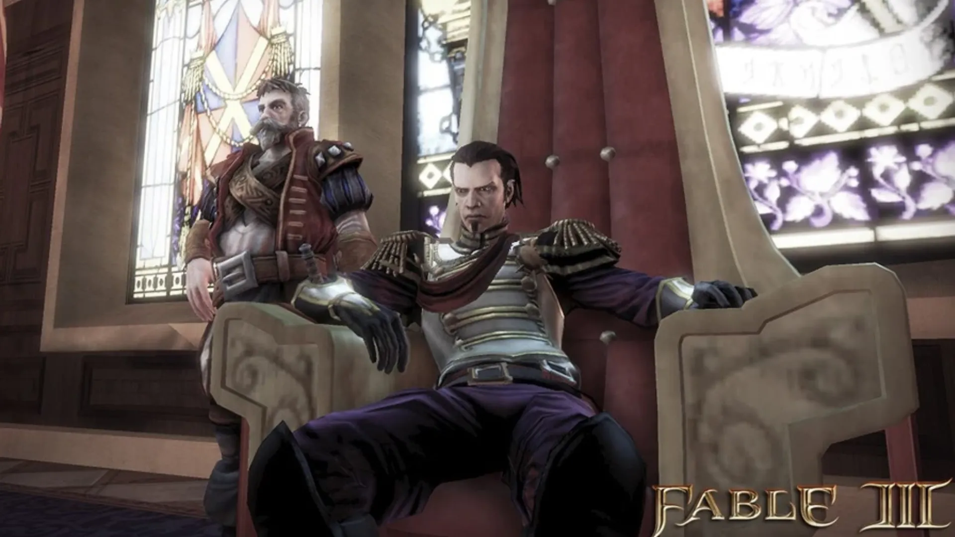 Vua Logan ngự trên ngai vàng xứ Albion trong Fable III, hình ảnh vị vua bạo chúa