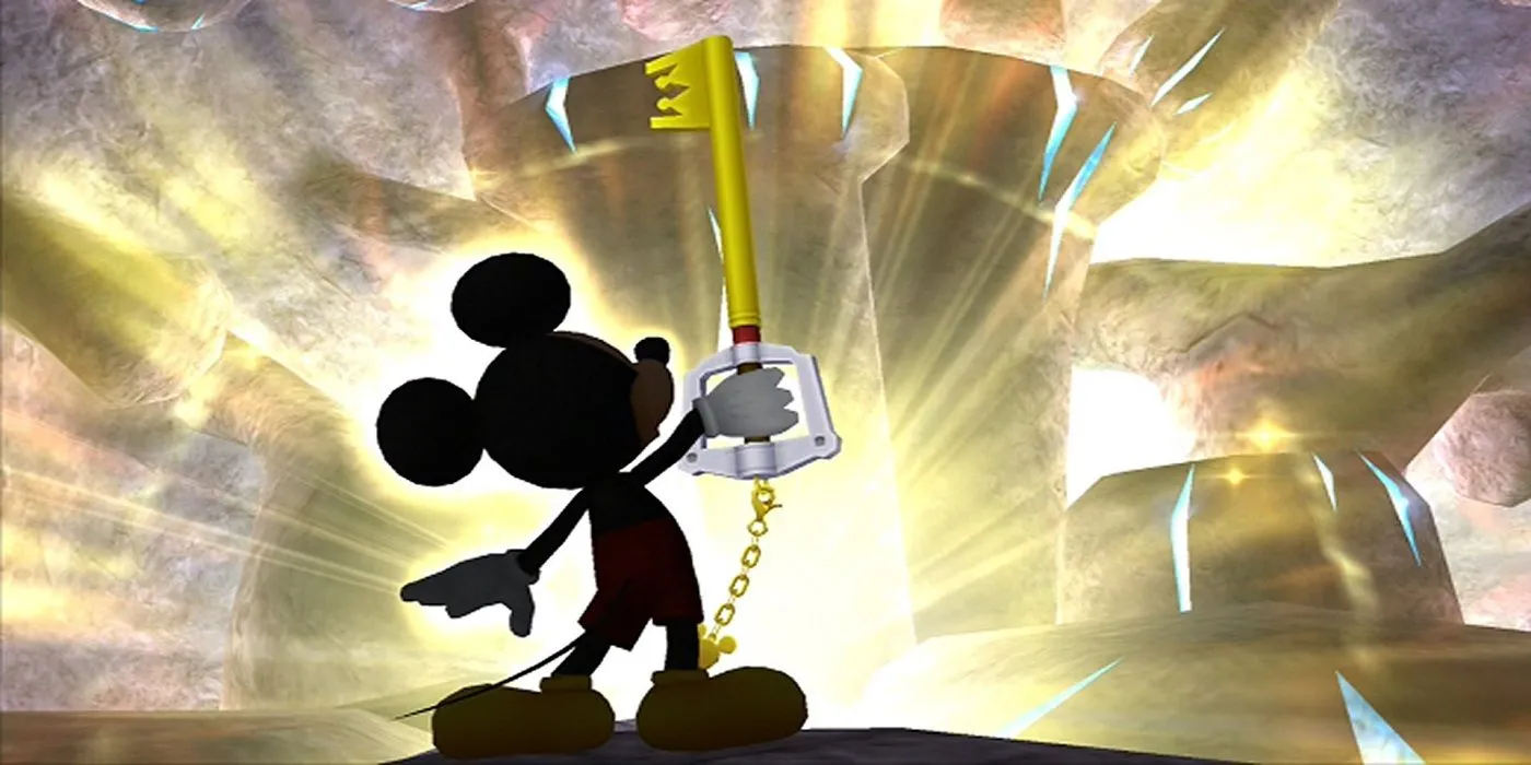 Vua Mickey trong một cảnh game Kingdom Hearts, với biểu tượng Keyblade quen thuộc