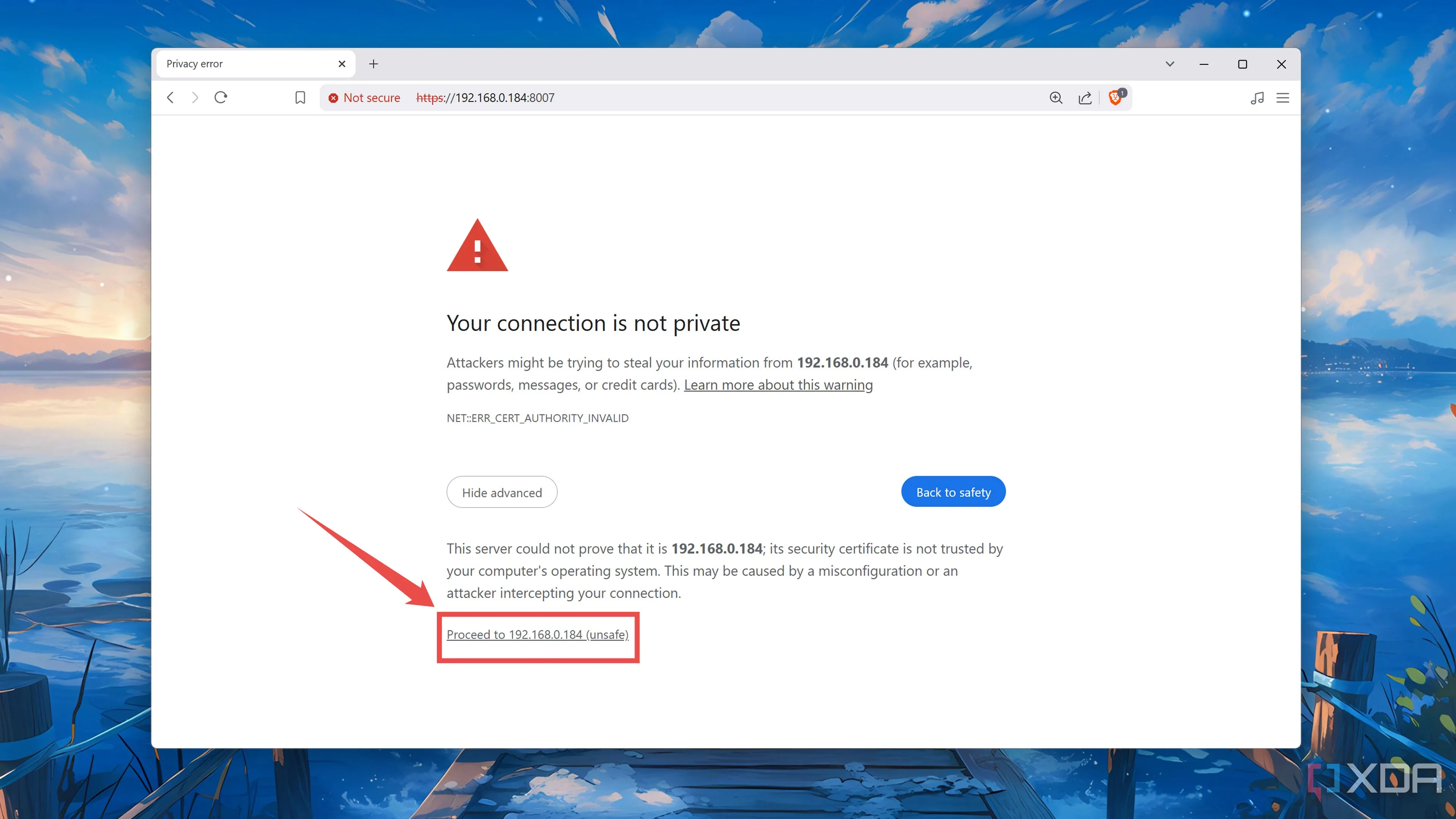 Vượt qua cảnh báo bảo mật trình duyệt để truy cập Proxmox Backup Server UI