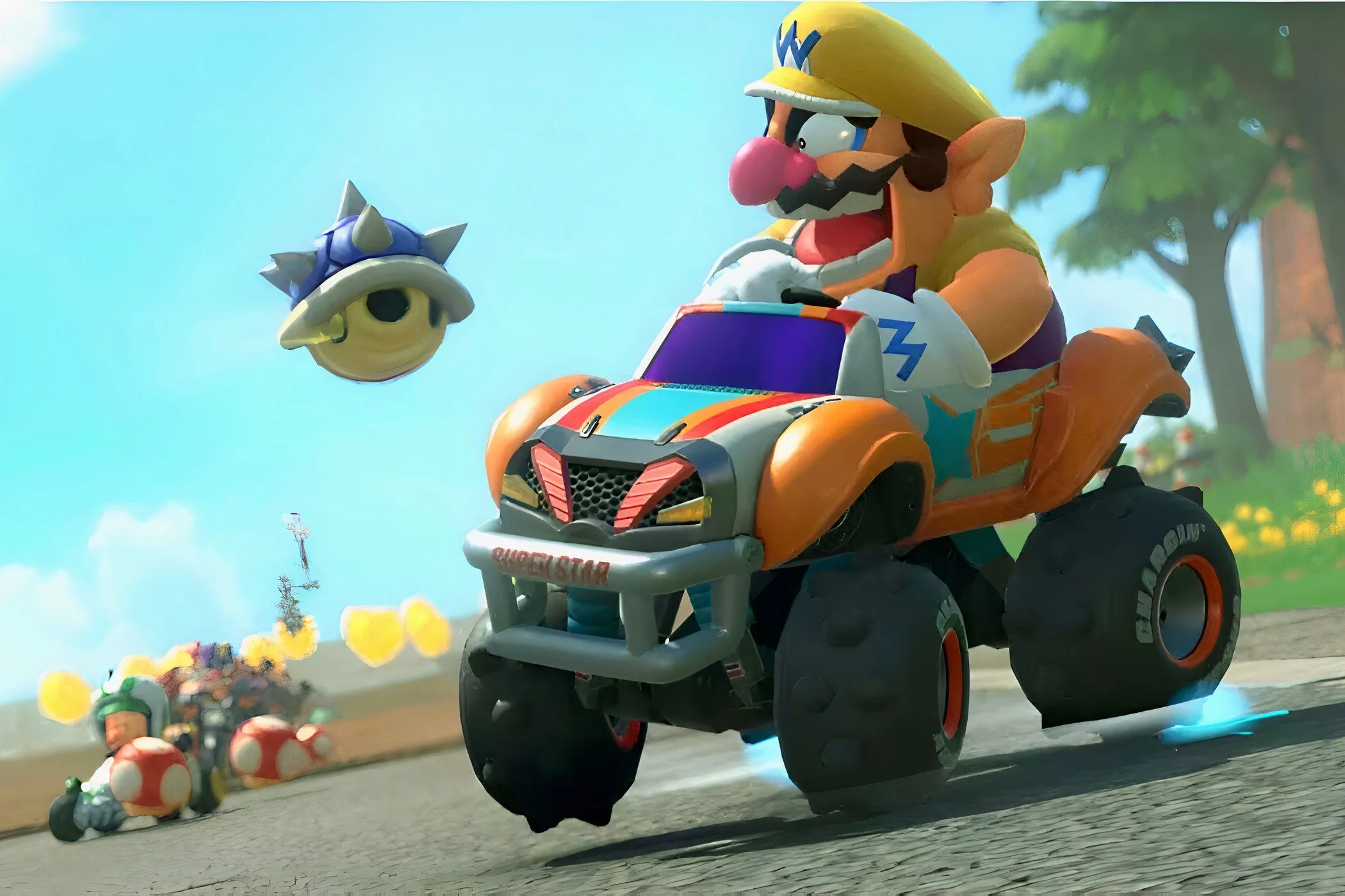 Wario tức giận nhìn vỏ rùa xanh bay tới, một khoảnh khắc quen thuộc và đầy lo lắng trong Mario Kart