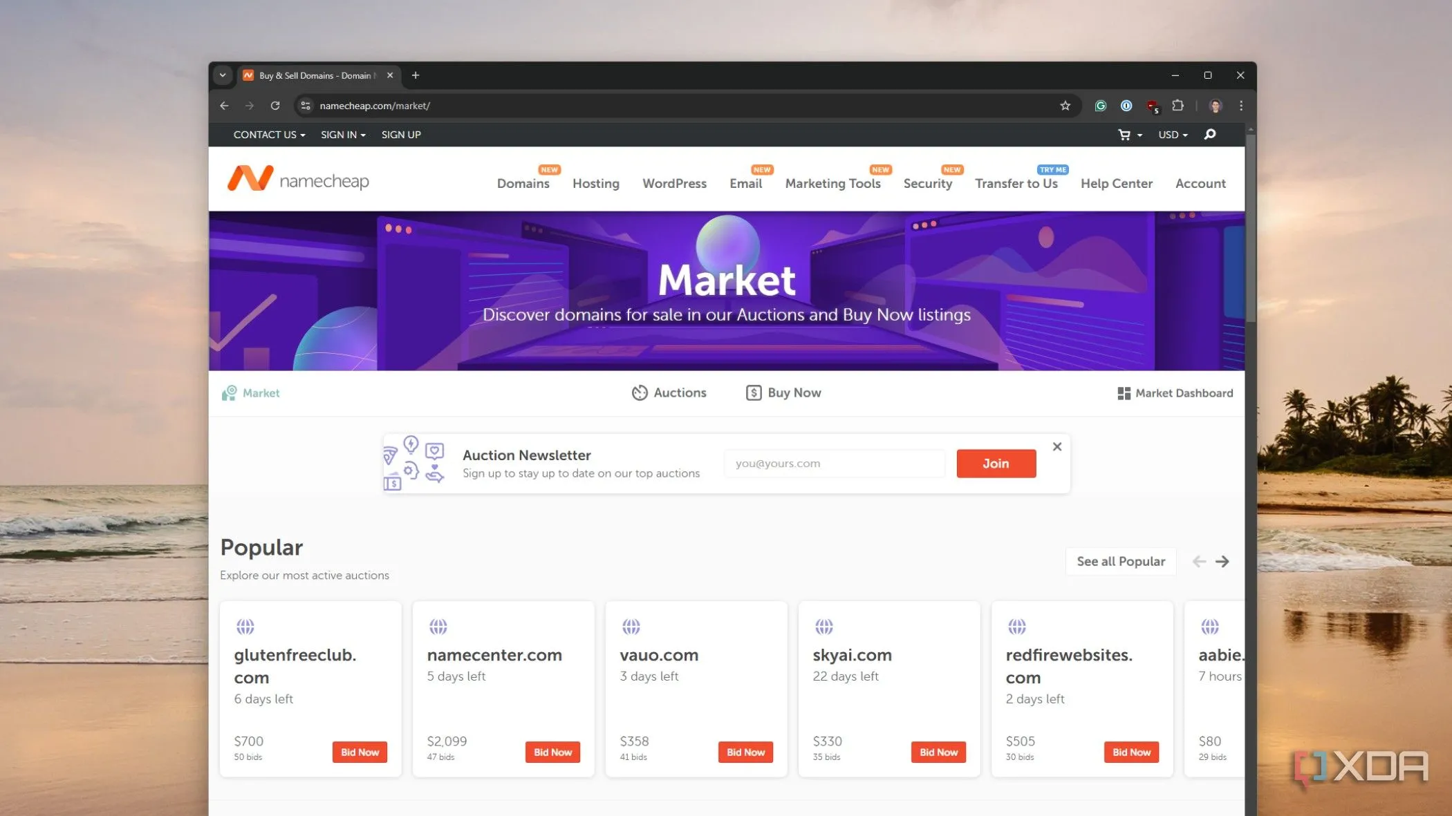 Website đấu giá tên miền của Namecheap hiển thị trên trình duyệt Chrome