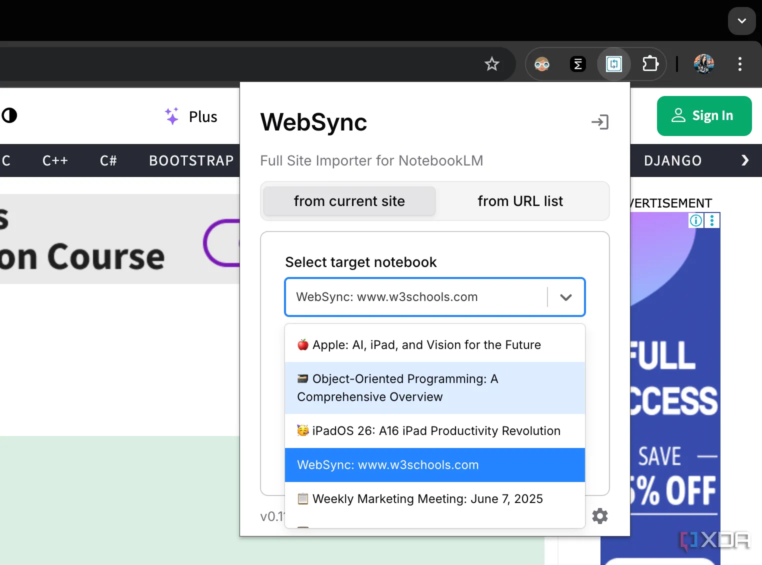 WebSync hiển thị danh sách các sổ ghi chú NotebookLM hiện có để thêm nguồn tài liệu