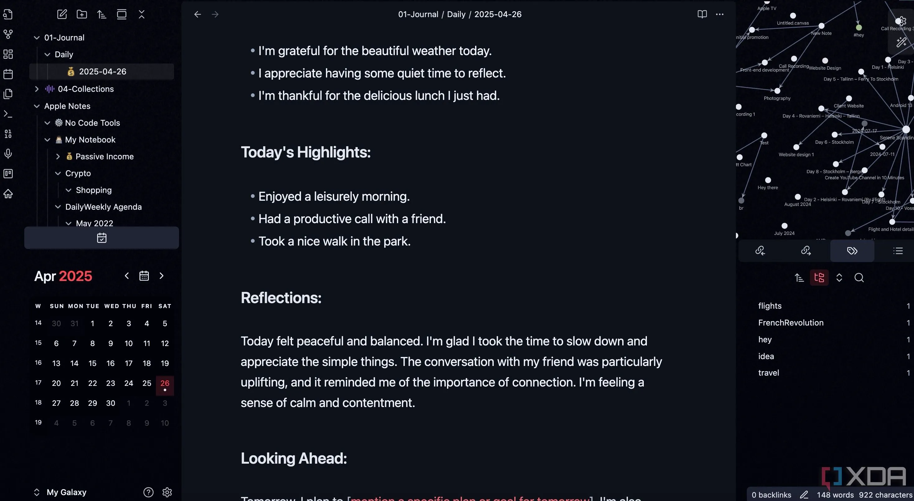 Widget lịch tháng được tích hợp trong Obsidian, hiển thị giao diện Daily Notes