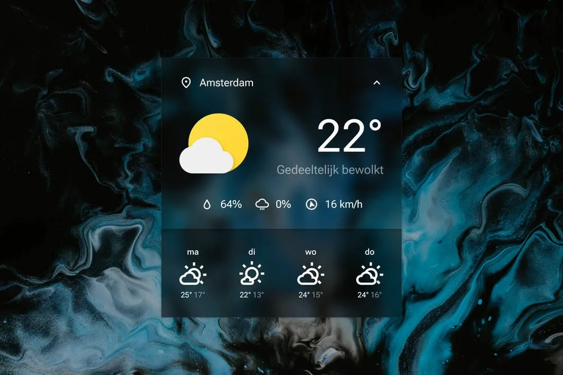 Widget thời tiết Sienna 2.0 Rainmeter skin với thiết kế thẻ kính mờ (liquid glass) sang trọng, hiển thị dự báo thời tiết chi tiết trên desktop