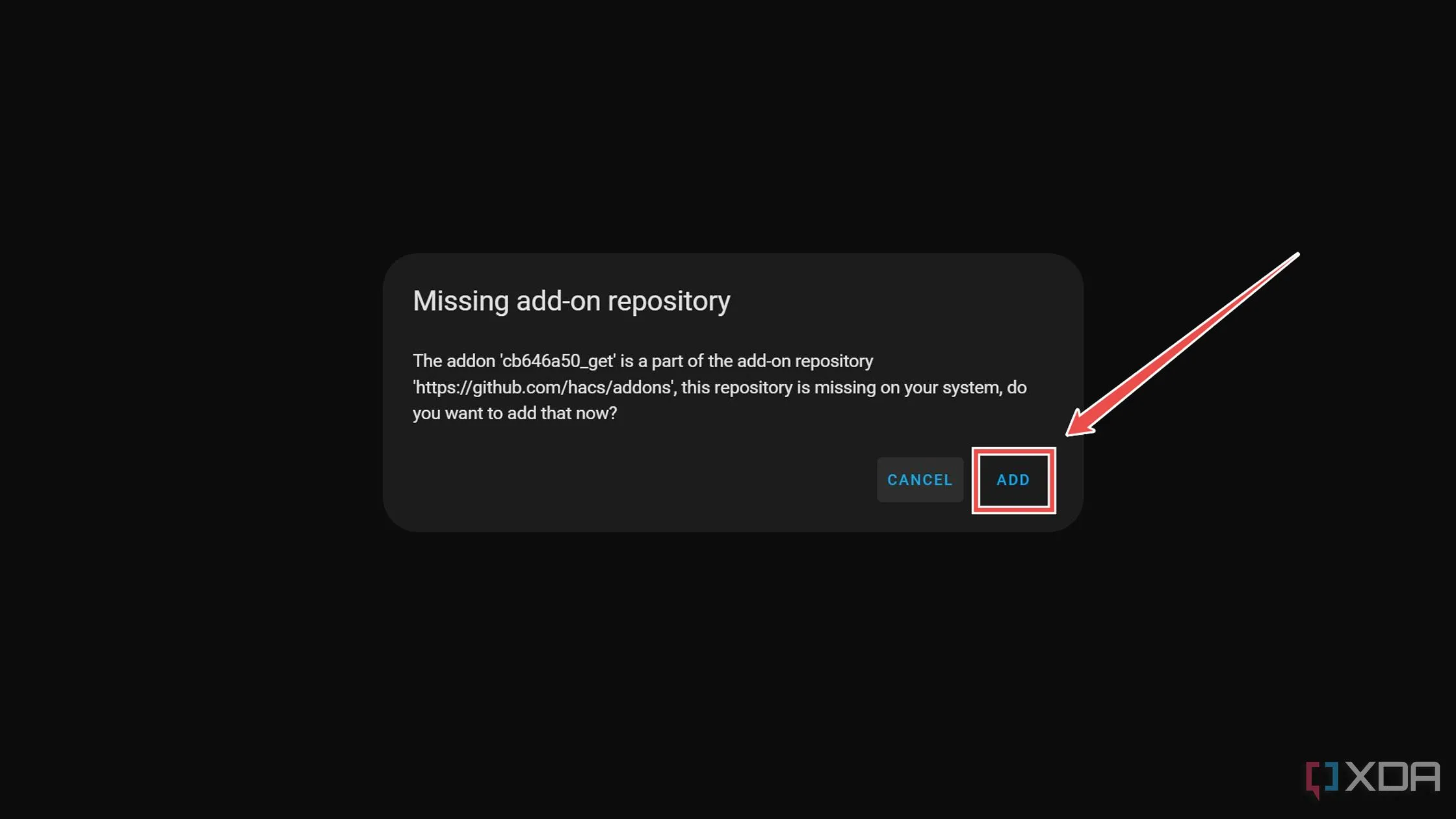 Xác nhận thêm kho lưu trữ Get HACS khi có thông báo Missing add-on repository