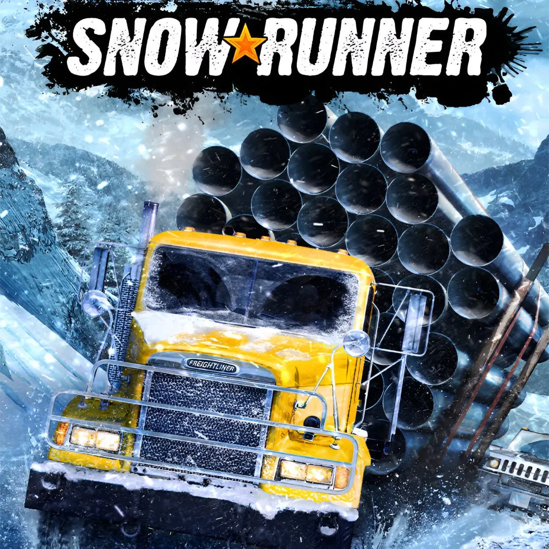 Xe tải vượt địa hình tuyết lở trong game SnowRunner, minh họa lối chơi vận chuyển khó khăn.