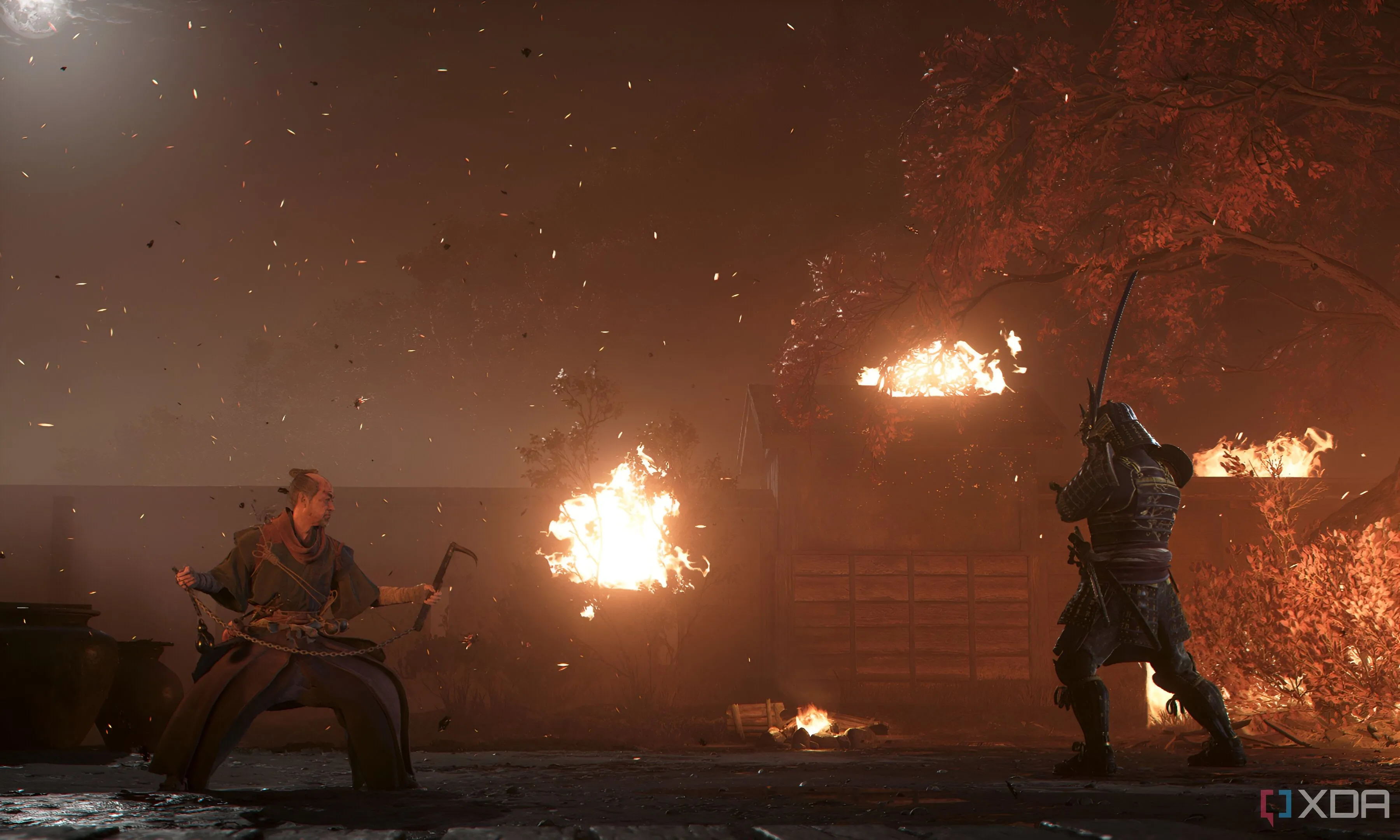Yasuke chiến đấu dưới mưa trong Assassin's Creed Shadows, minh họa việc tận dụng thời tiết để giảm tầm nhìn kẻ thù.