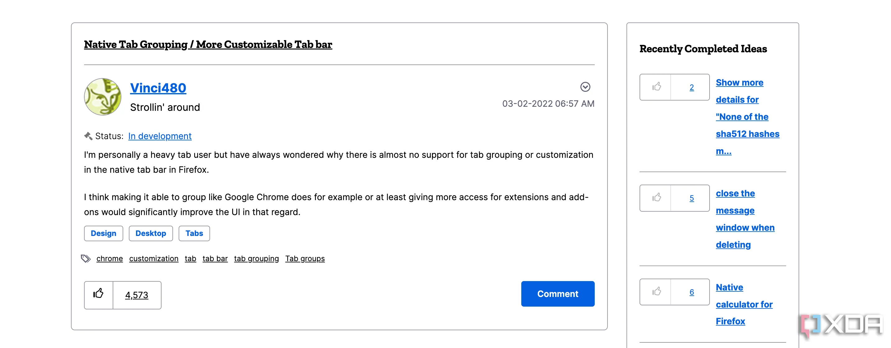 Yêu cầu tính năng nhóm tab bản địa trên nền tảng Mozilla Connect với số phiếu ủng hộ cao nhất